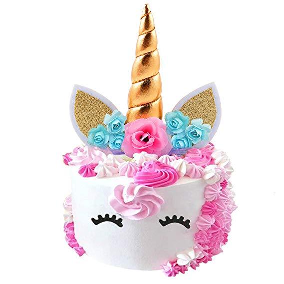 Fanisi Unicorn Cake Topper Birthday Party Supplies, Handmade Unicorn Horn Ears and Flowers Set