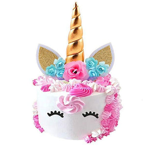 Fanisi Unicorn Cake Topper Birthday Party Supplies, Handmade Unicorn Horn Ears and Flowers Set